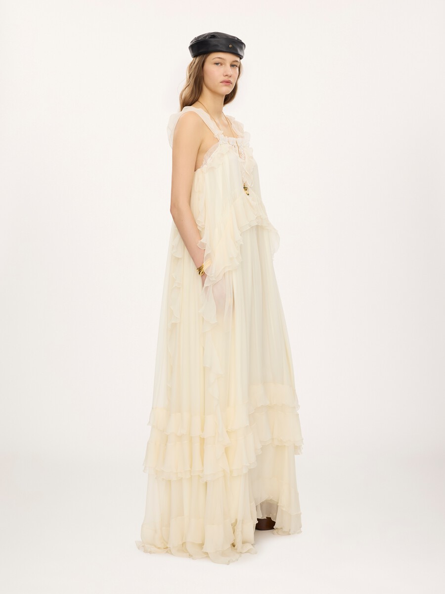 Sleeveless layered long dress in silk mousseline & lace - 5