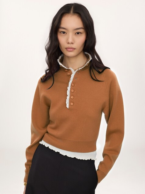 High-neck sweater in a wool knit & lace