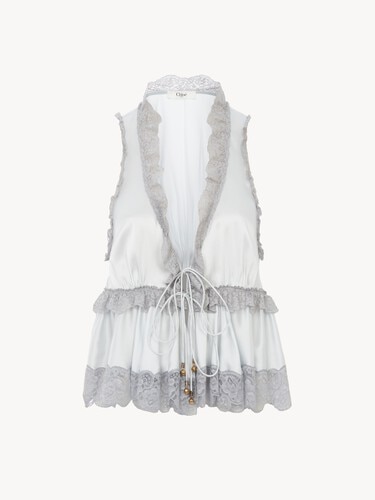 Tie-front sleeveless top in washed silk satin & lace - 2