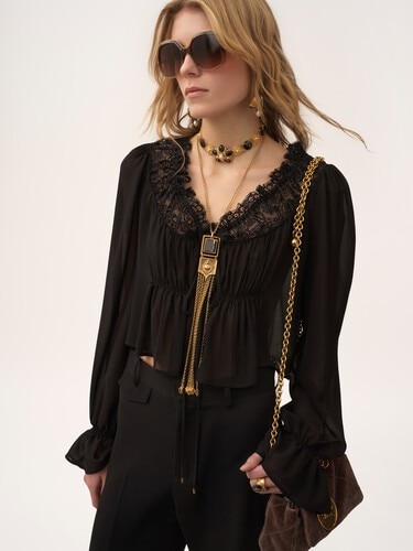 Scoop-neck cropped top in silk georgette & lace - 4