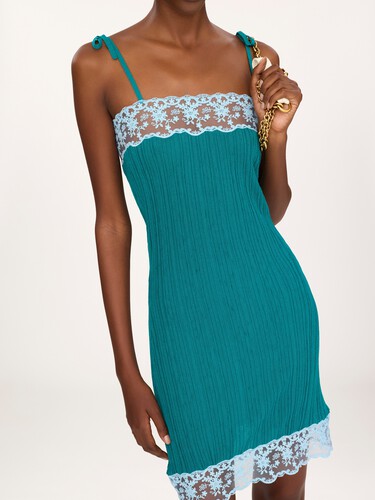 Sleeveless fitted mini dress in a wool knit & lace - 5