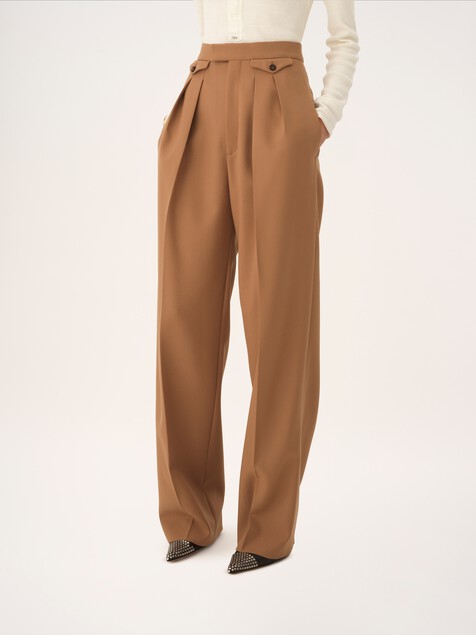 High-rise gathered pants in wool gabardine
