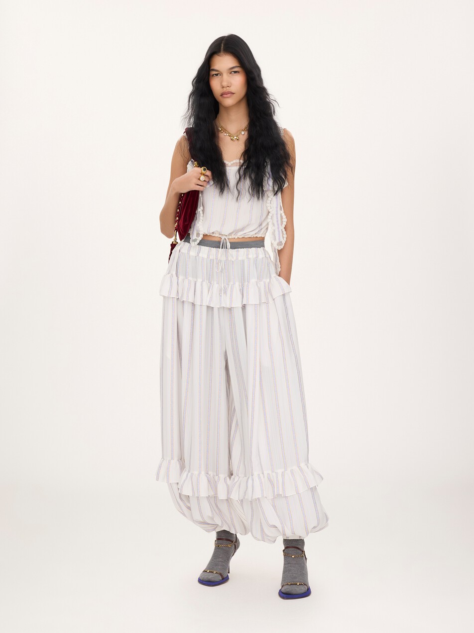 Fluid ruffled pants in silk lurex jacquard