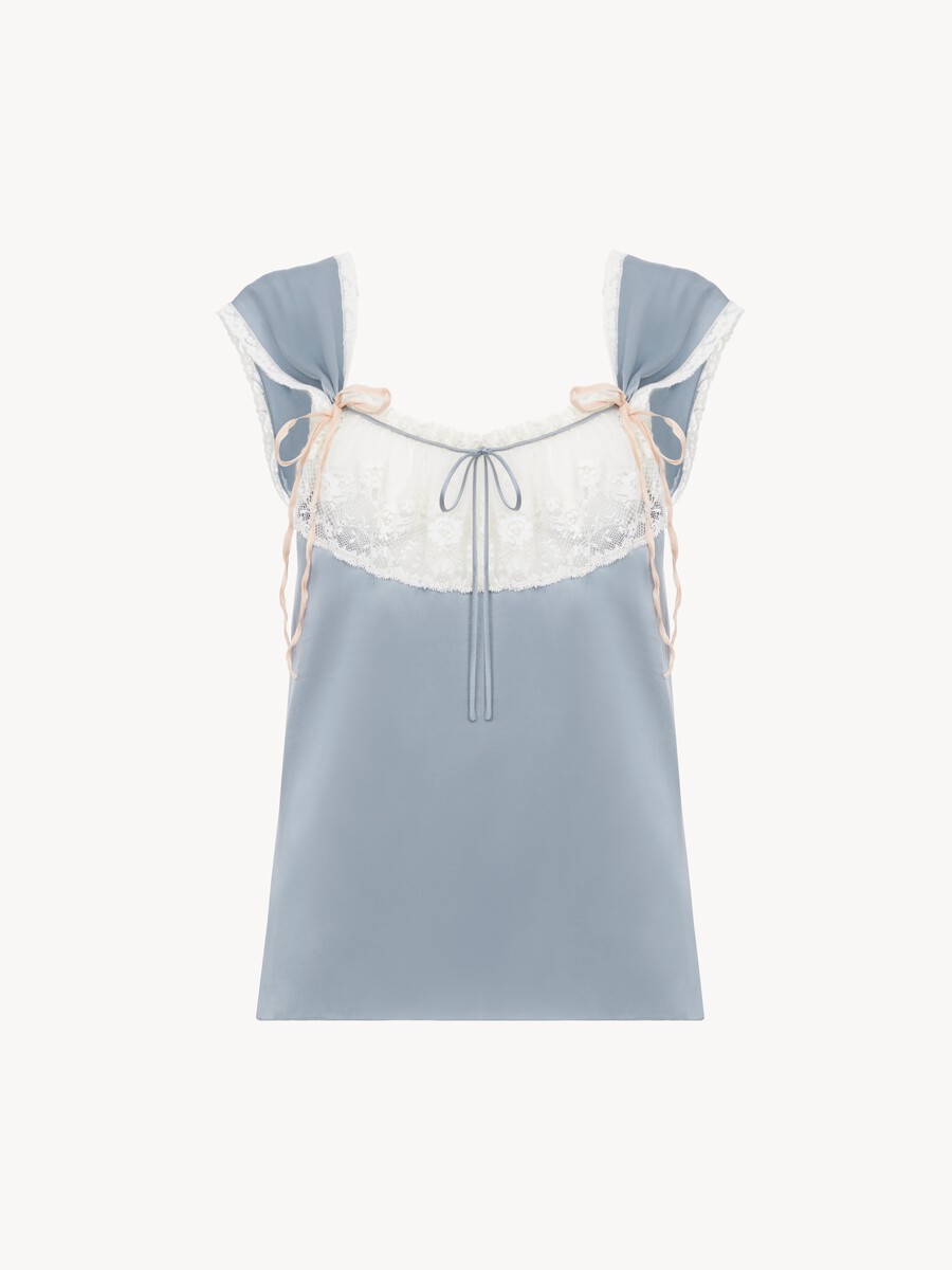 Top lingerie fluide en satin de soie lav&eacute; et dentelle - 2