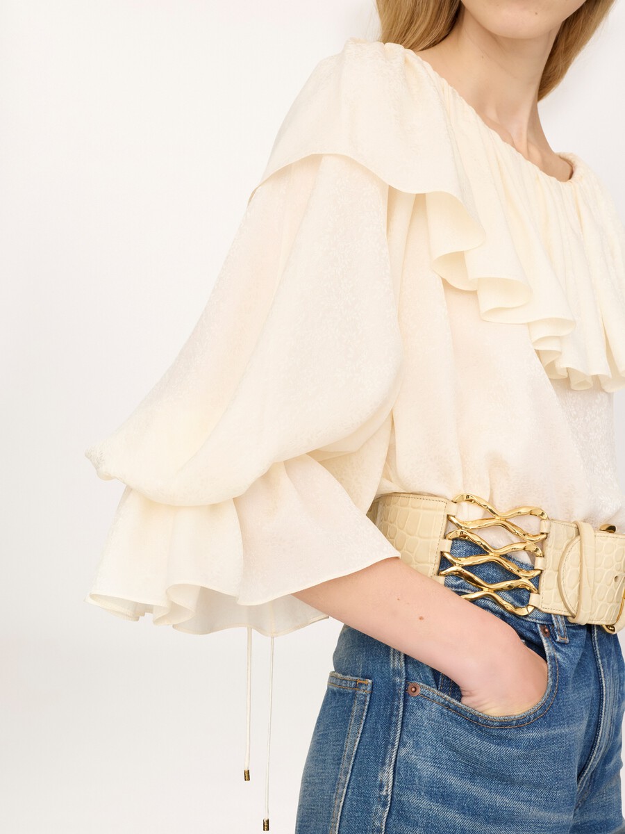 Top fluido con volantes de jacquard de seda - 5