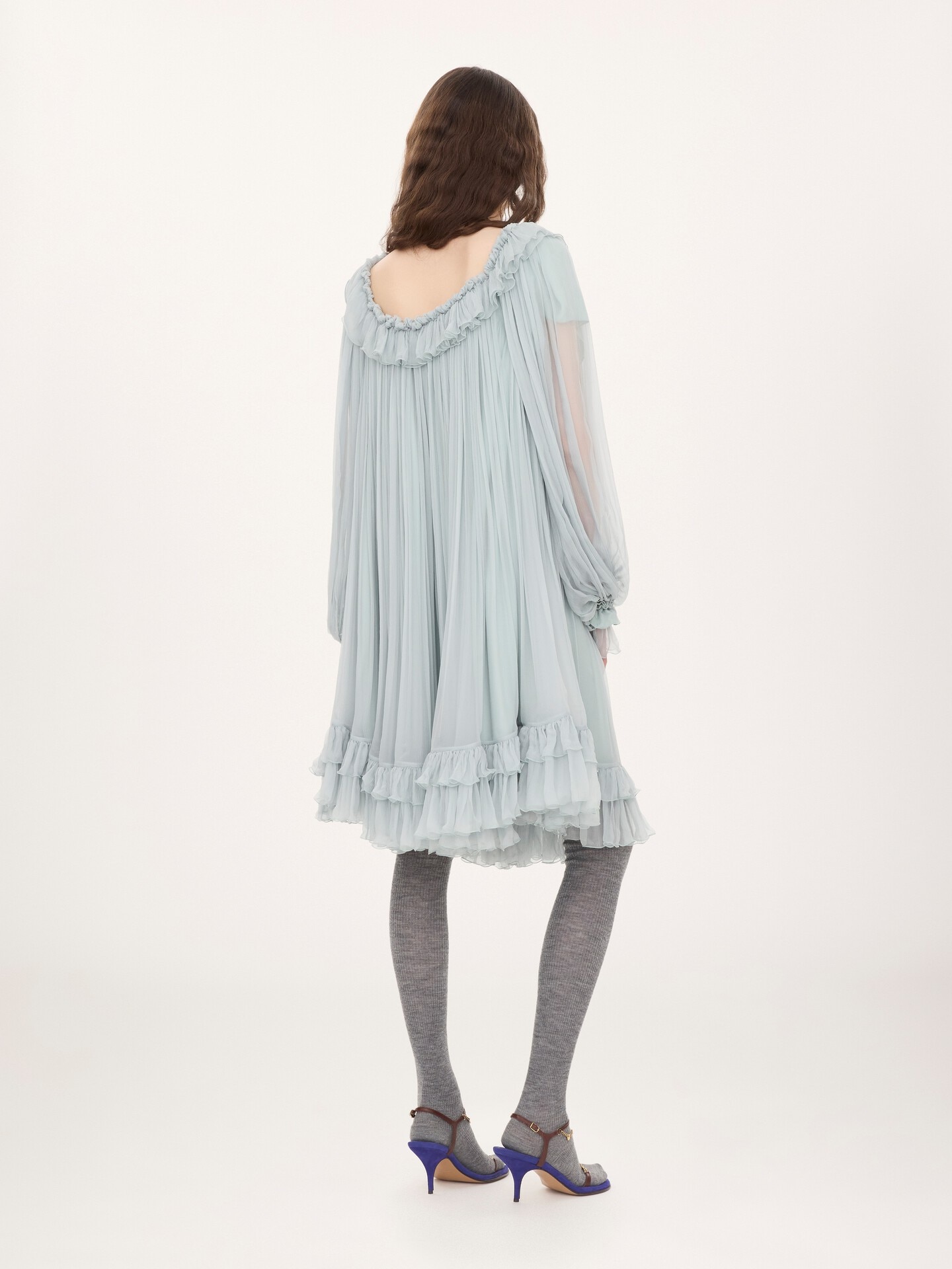 Gathered mini dress in silk mousseline - 4.0