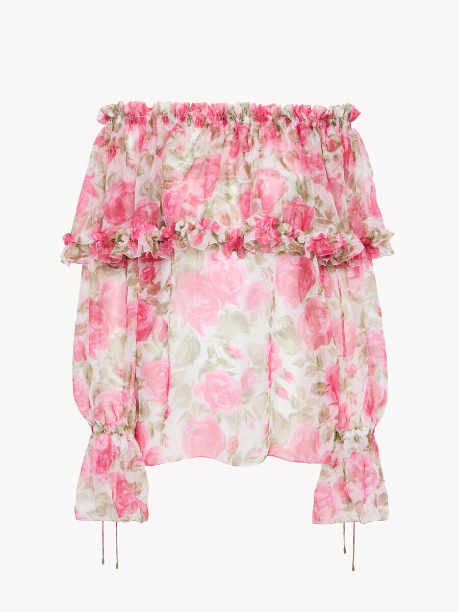 Off-the-shoulder puff-sleeve top in silk mousseline - 2