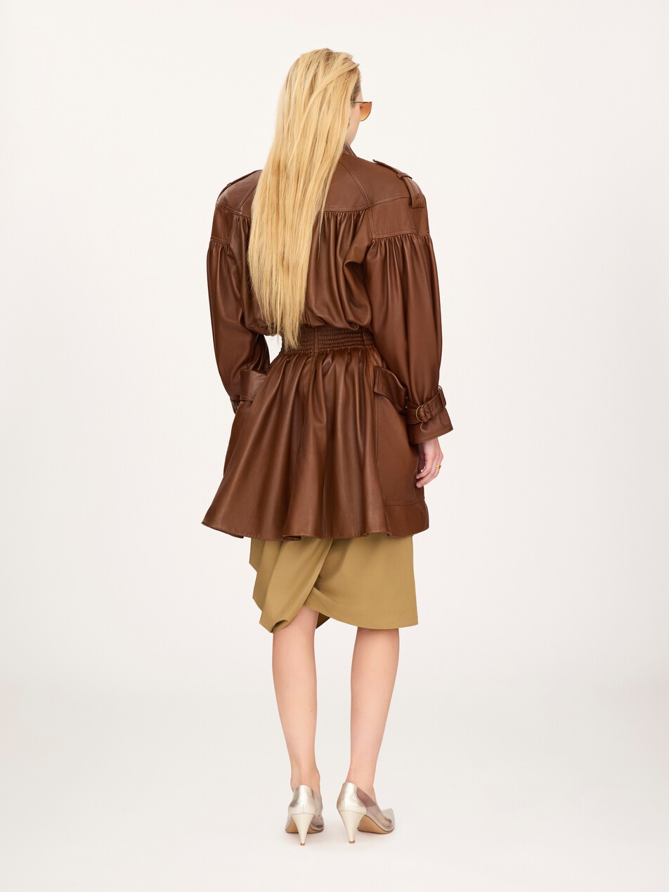 High-neck puff-sleeve coat in leather