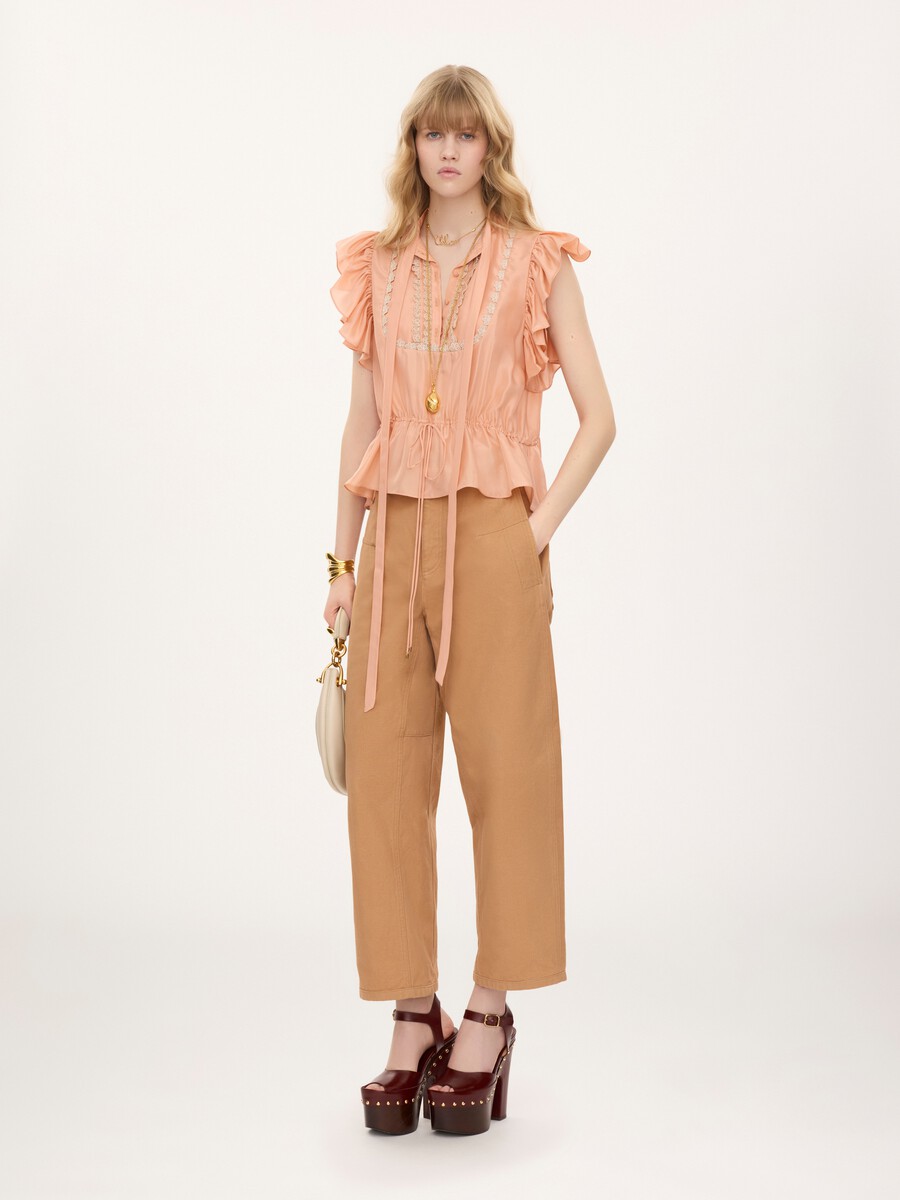 Short-sleeve ruffle top in washed silk habotai & lace - 3
