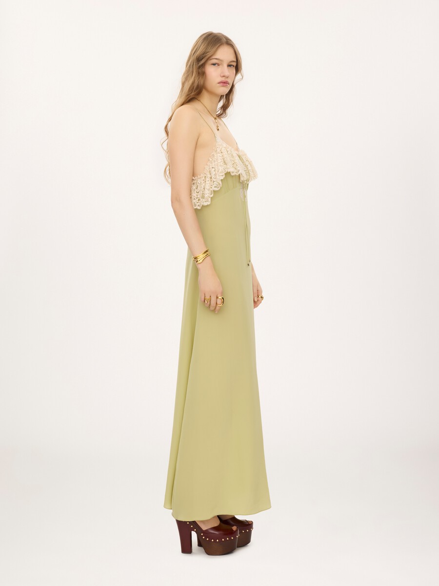 Robe longue &agrave; fines bretelles en cr&ecirc;pe de chine et dentelle - 5