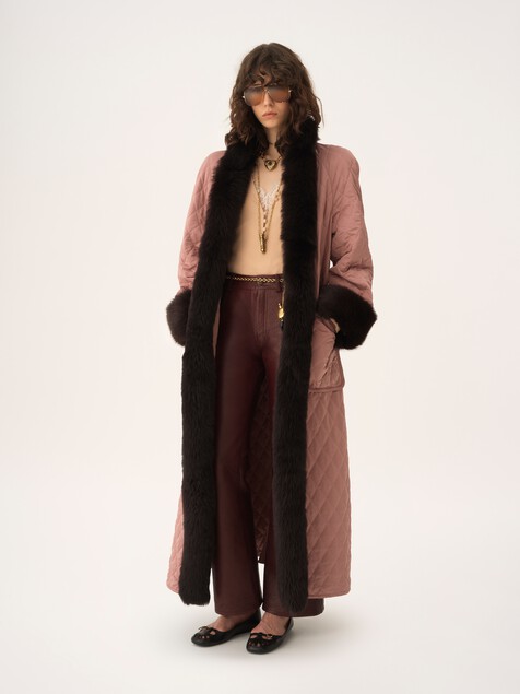 Long hybrid coat in technical satin