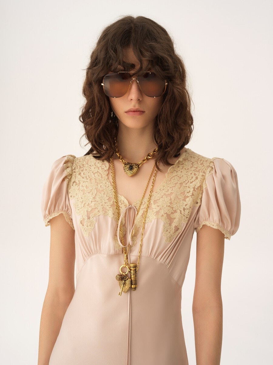 Puff-sleeve column dress in washed silk satin & lace - 5