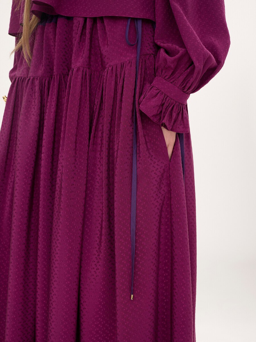 Gathered long skirt in silk jacquard & lace - 5