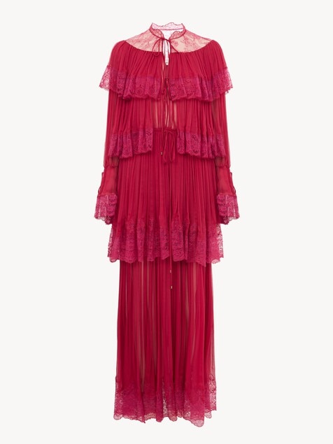 Long ruffled dress in silk mousseline & lace