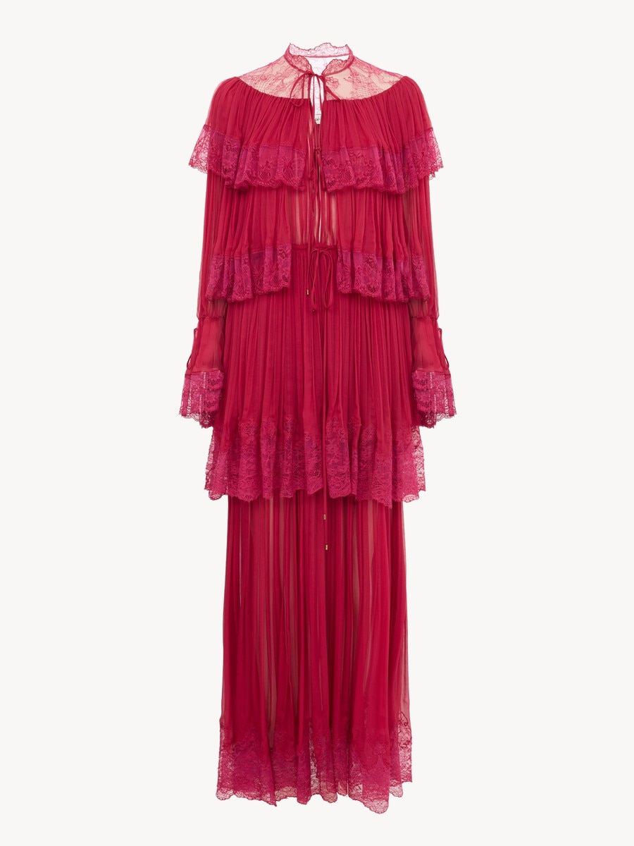 Long ruffled dress in silk mousseline & lace - 2
