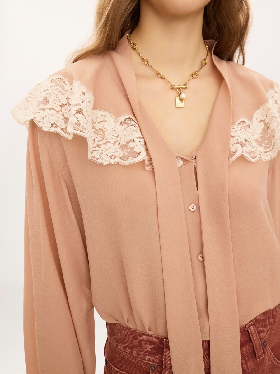 Tie-front gathered blouse in silk georgette & lace - 6