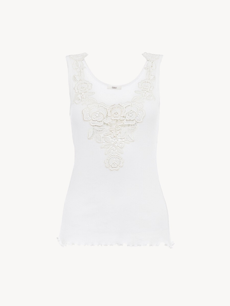 Fitted tank top in cotton jersey & guipure - 2