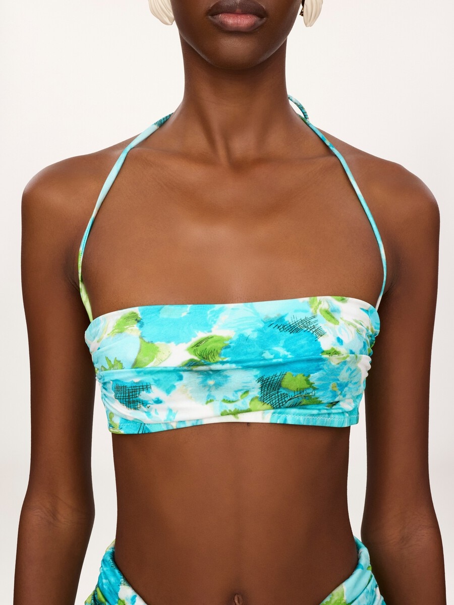 Aqua flower-print halterneck bikini top - 6
