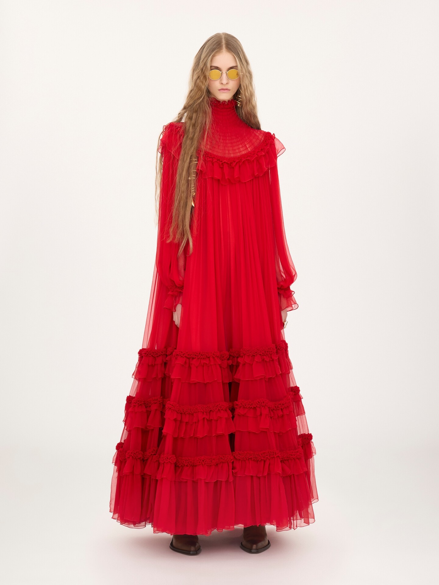 High-neck ruffled long dress in silk mousseline - 1.0