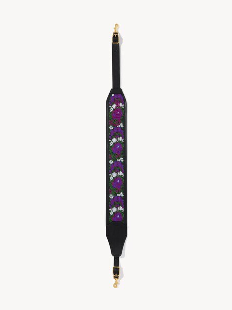 Grained leather strap with roses embroidery