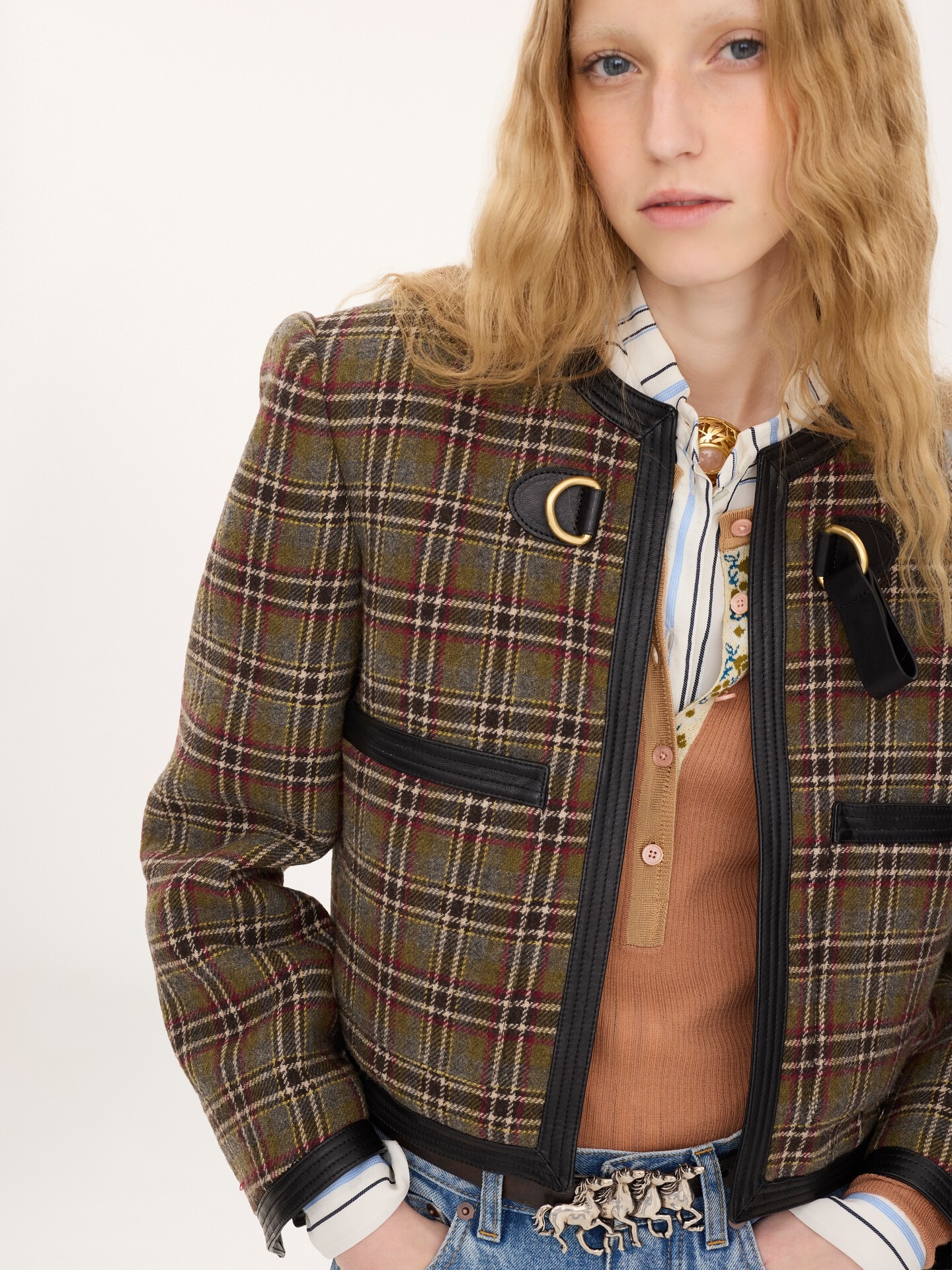 Collarless cropped boxy jacket in check wool - 4.0