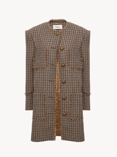 Single-breasted collarless coat in houndstooth wool - 2