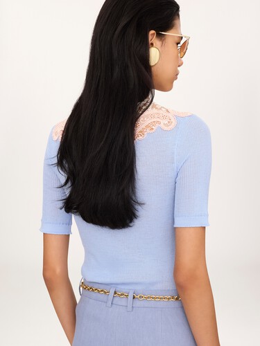 Elbow-sleeve fitted sweater in a wool knit & lace - 5