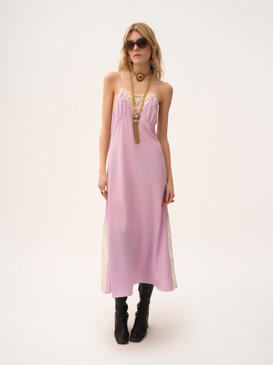 Thin-strap midi dress in cr&ecirc;pe de chine & lace - 3