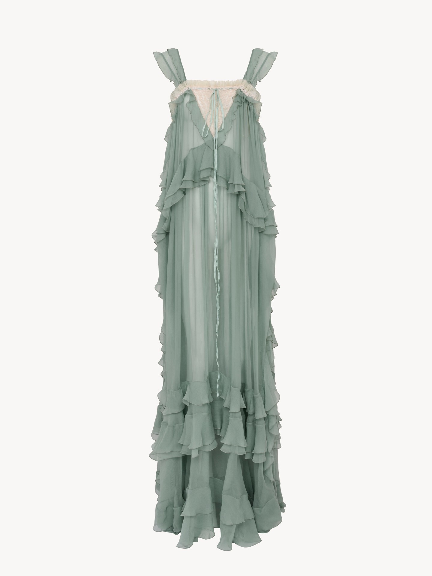 Robe longue sans manches &agrave; superpositions en mousseline de soie et dentelle - 2.0