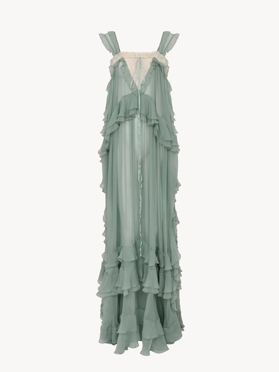 Robe longue sans manches &agrave; superpositions en mousseline de soie et dentelle - 2