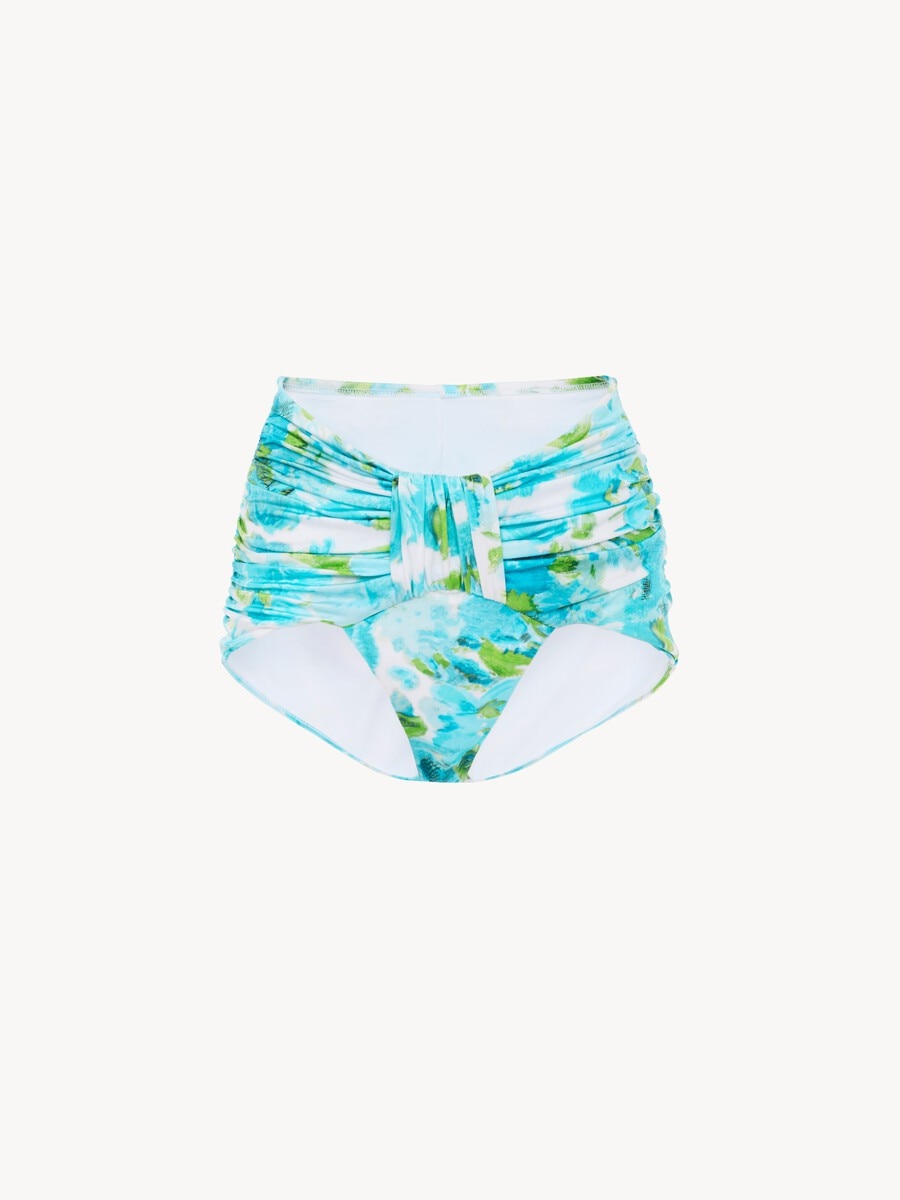Aqua flower-print mid-rise draped bikini bottoms - 2