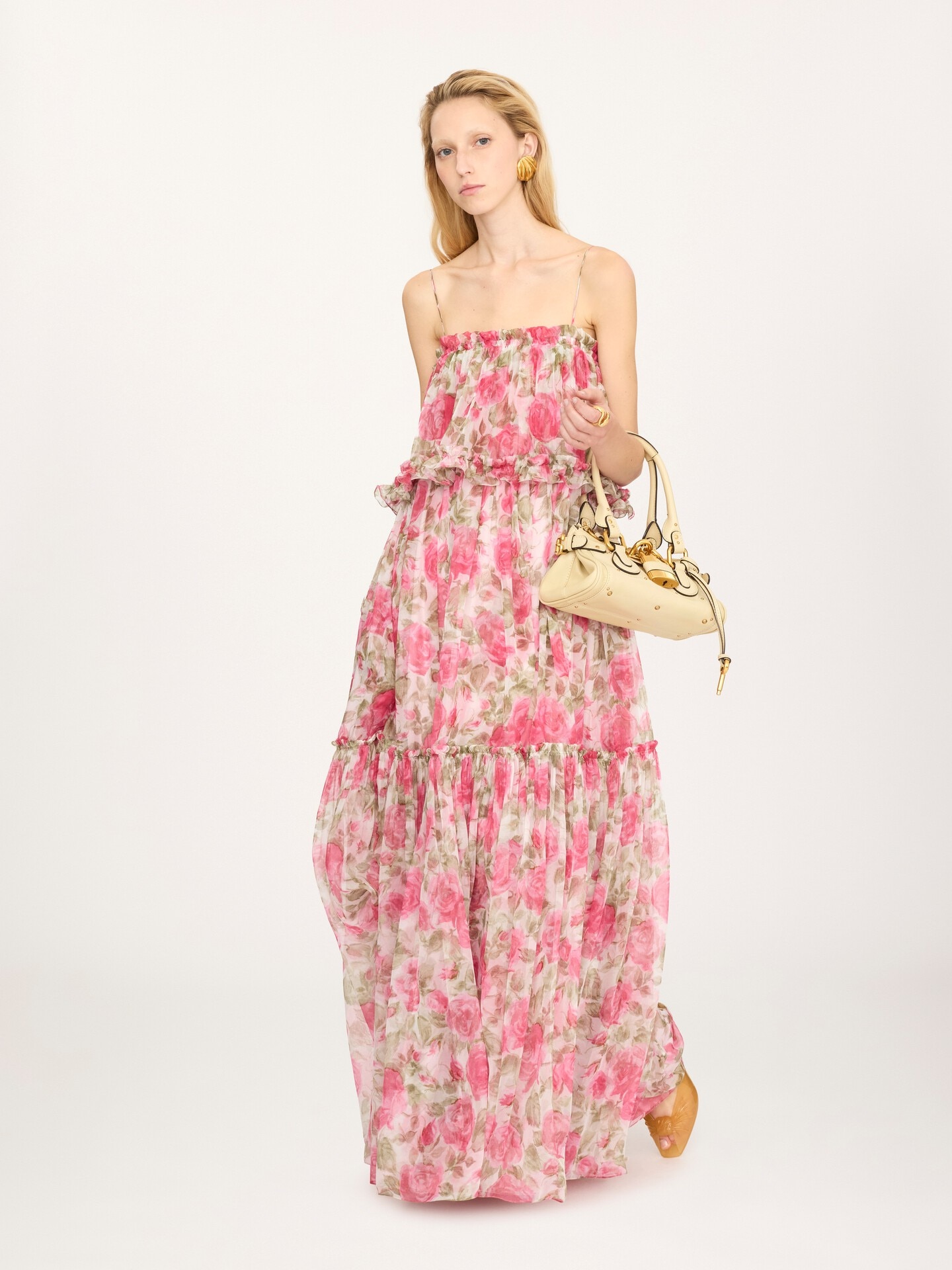 Thin-strap long dress in silk mousseline - 1.0