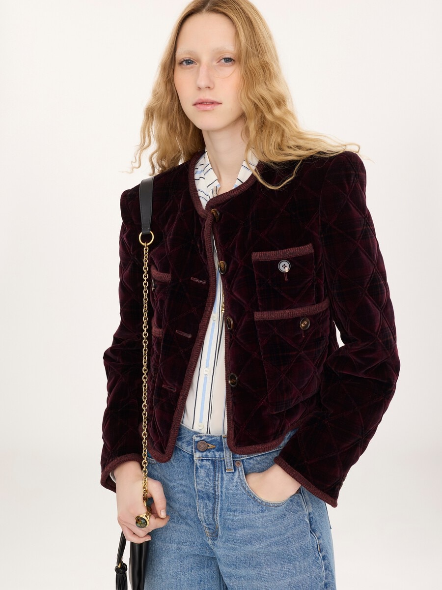 Boxy collarless jacket in check cotton - 3