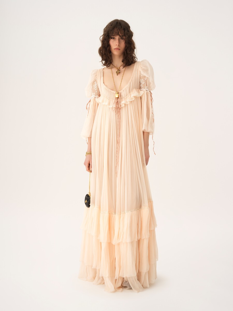 Oversized long ruffled dress in silk mousseline & lace - 1