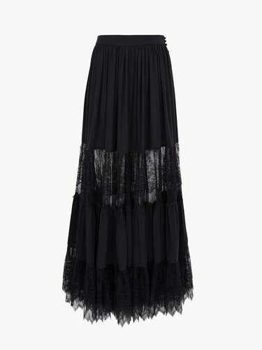 Tiered long skirt in silk georgette & lace - 1
