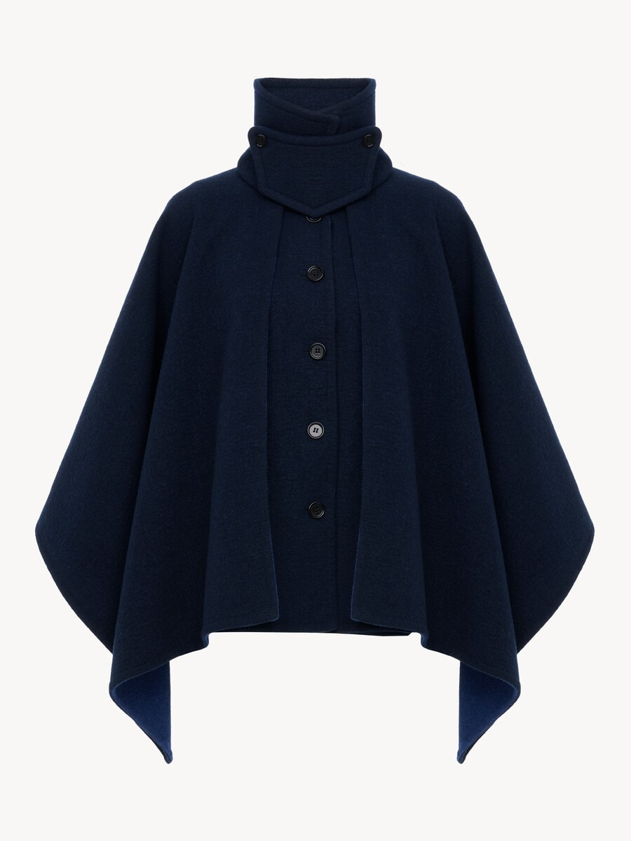 Manteau cape court col montant en laine lav&eacute;e double face - 2