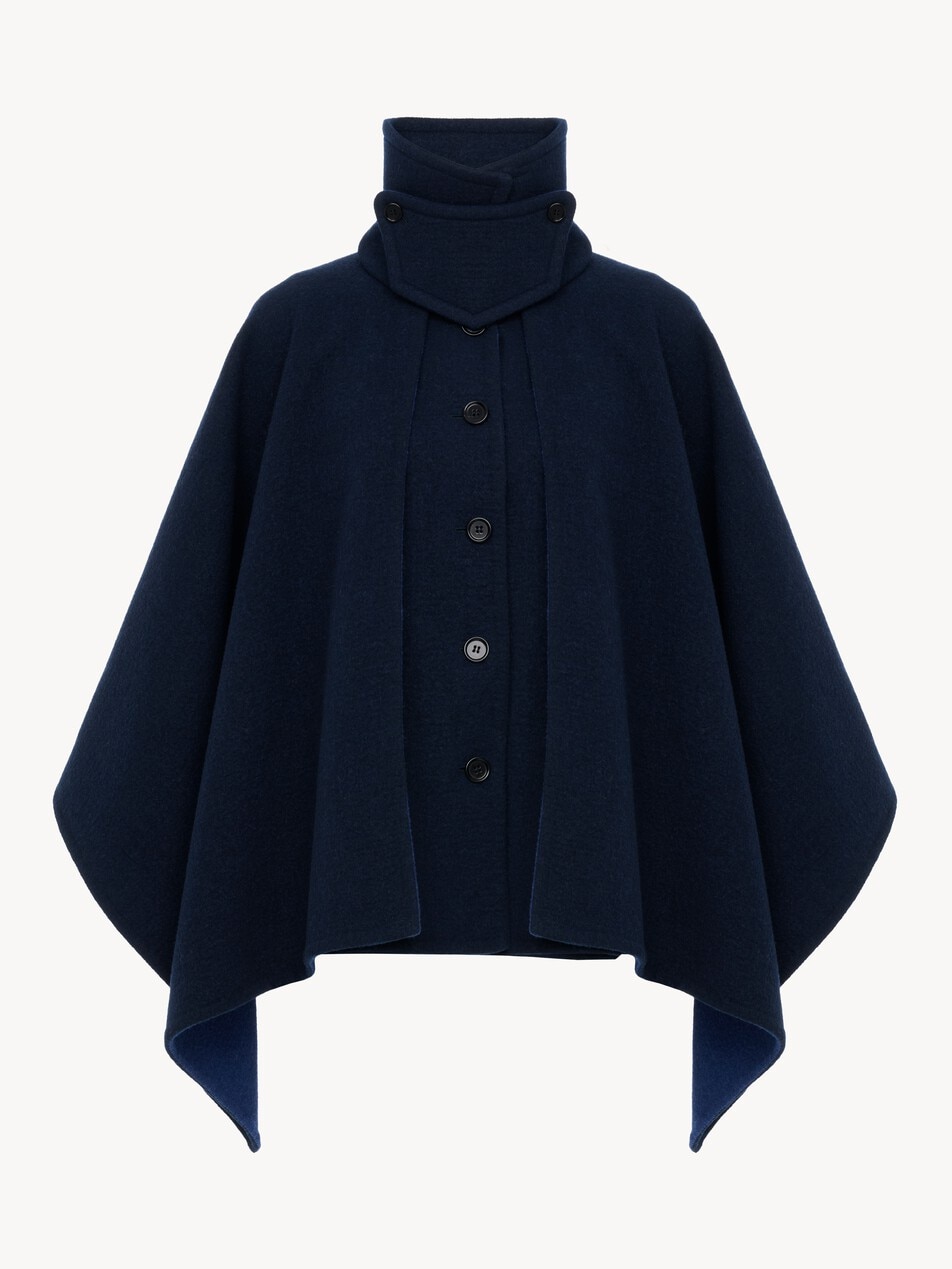 High-neck short cape coat in washed double-face wool