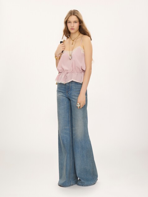Camisole top in cr&ecirc;pe de chine & lace