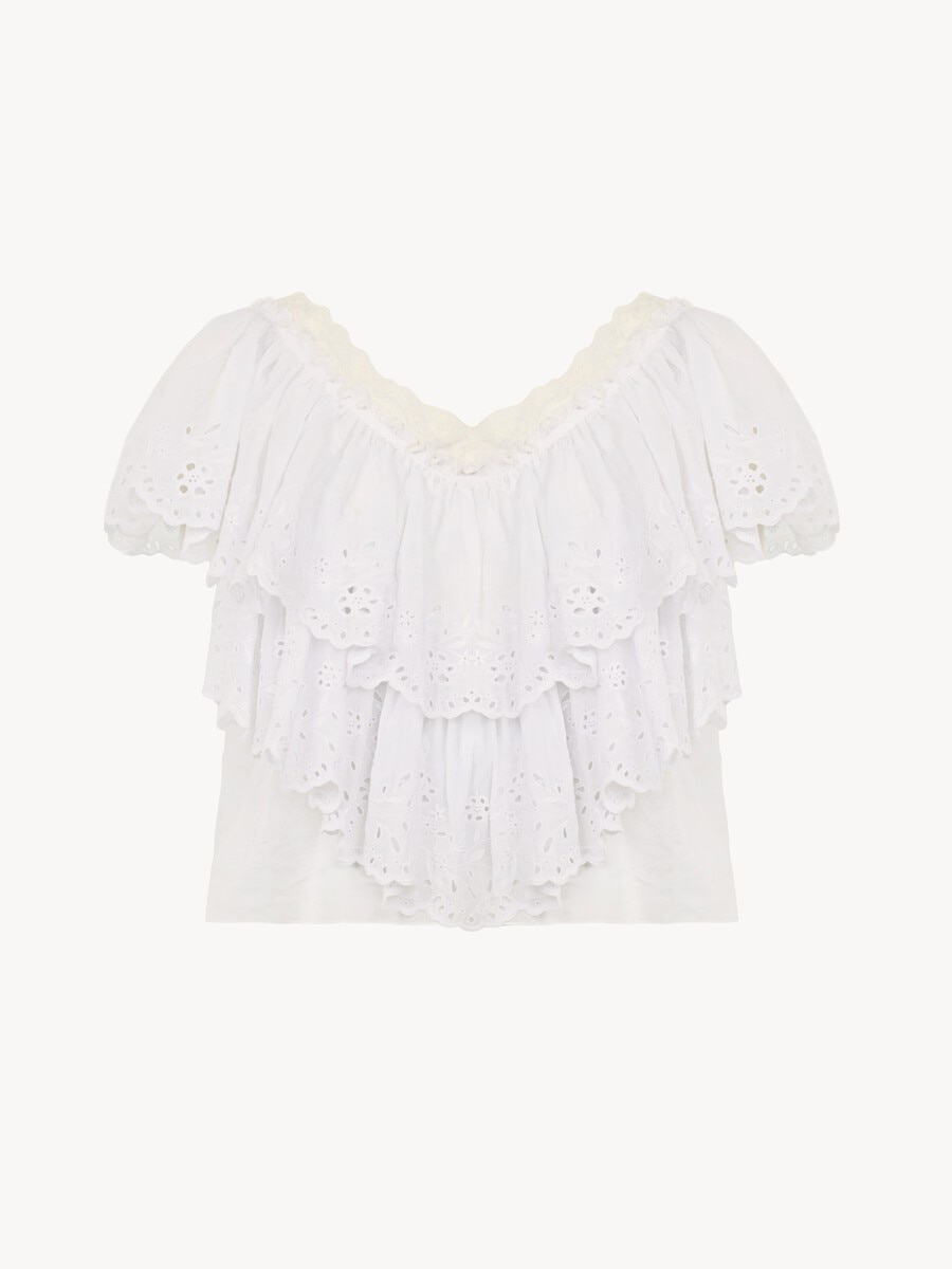 Top cropped con cuello en V y volantes de velo de algod&oacute;n y encaje - 2