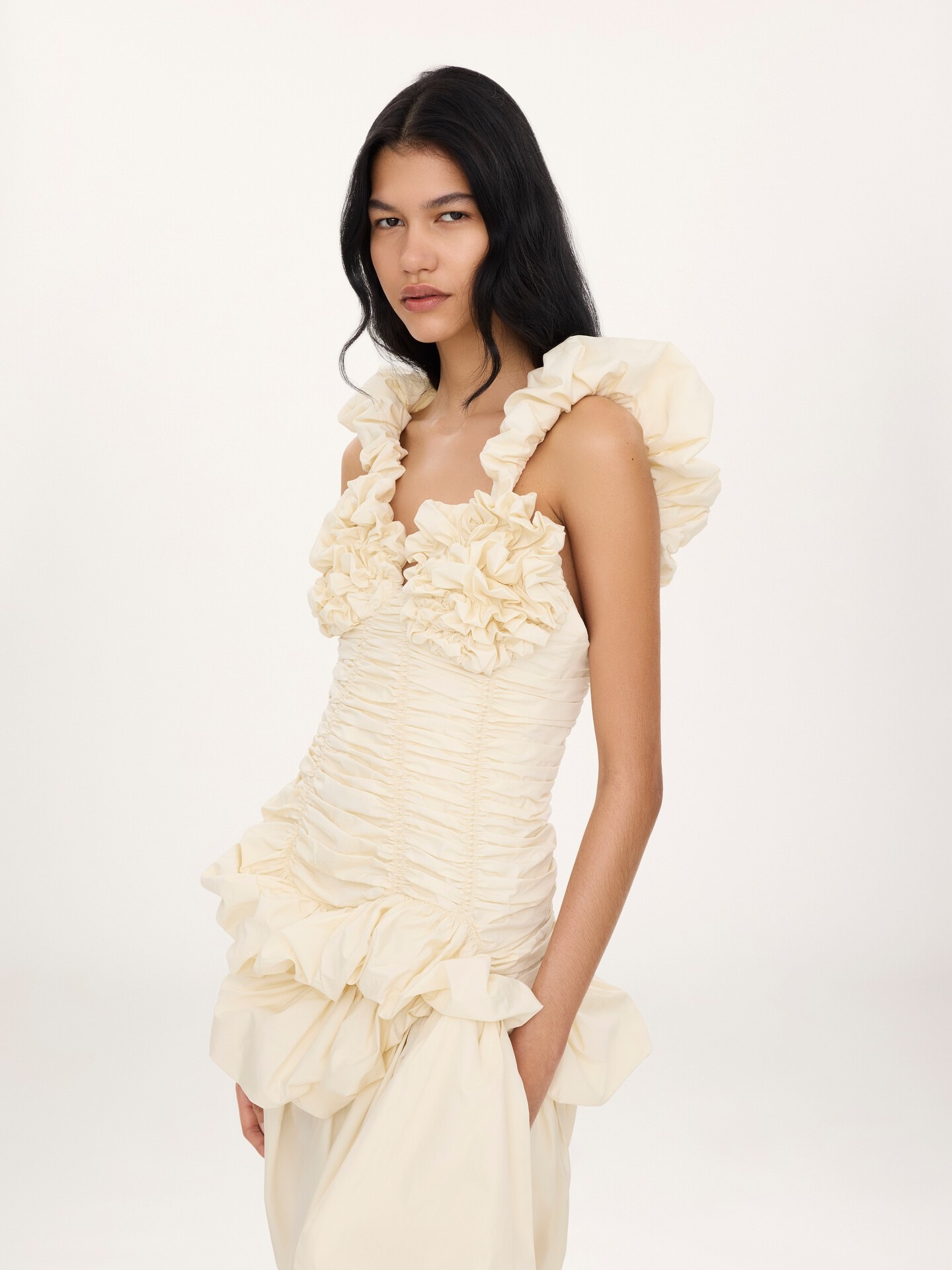 Ruched bustier midi dress in cotton poplin - 5.0