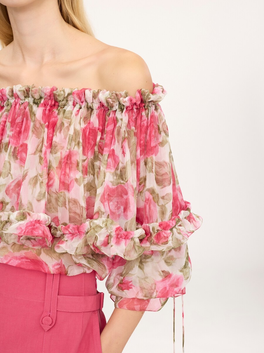 Off-the-shoulder puff-sleeve top in silk mousseline - 9