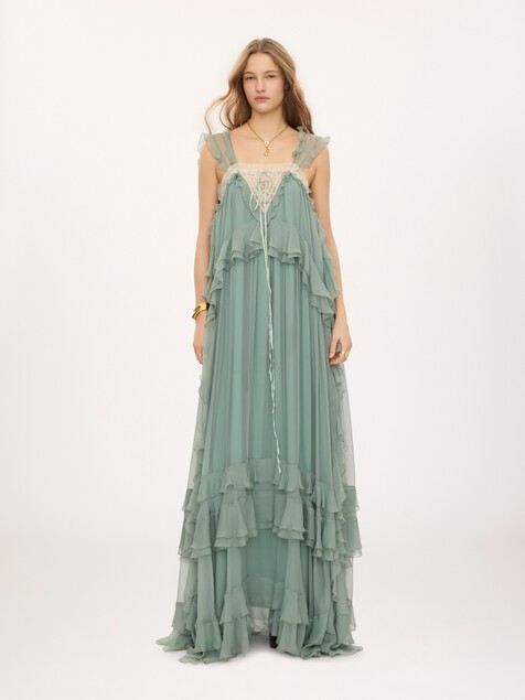 Sleeveless layered long dress in silk mousseline & lace