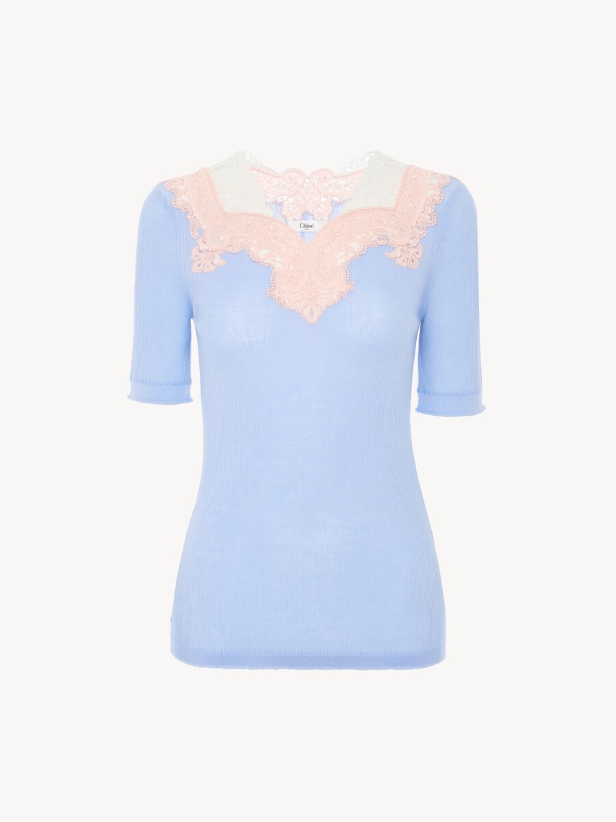 Elbow-sleeve fitted sweater in a wool knit & lace - 2