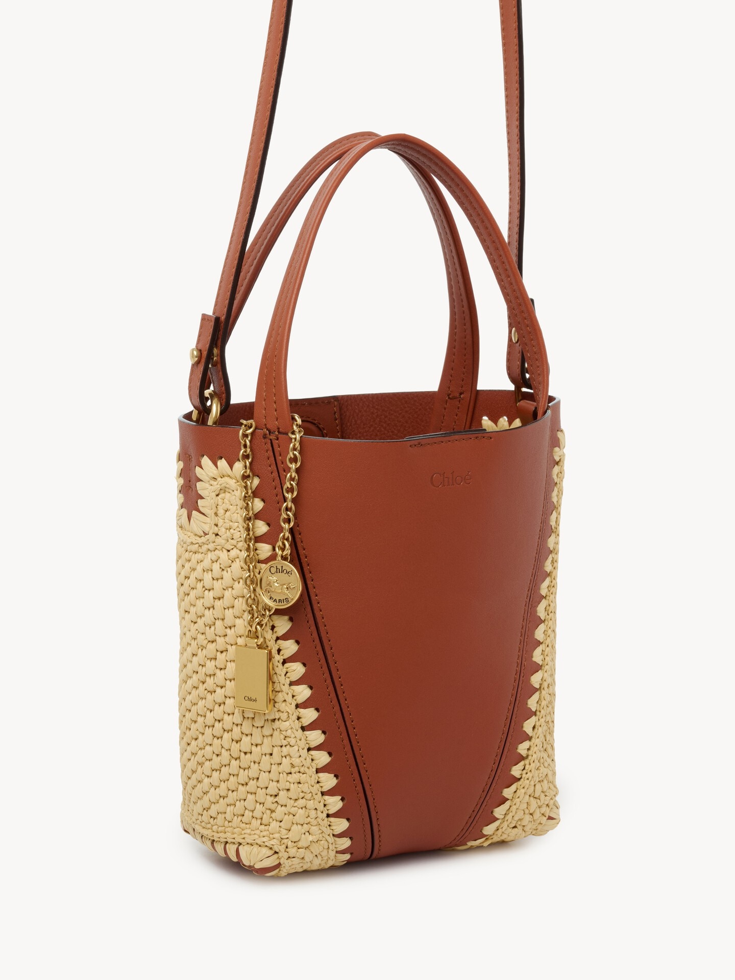 Small Chlo&eacute; Spin tote bag in raffia-effect & leather - 4.0