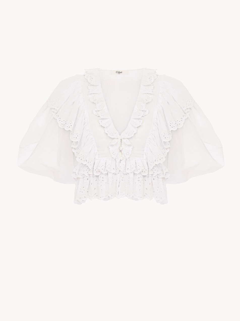 Cropped V-neck ruffle top in cotton voile - Packshot