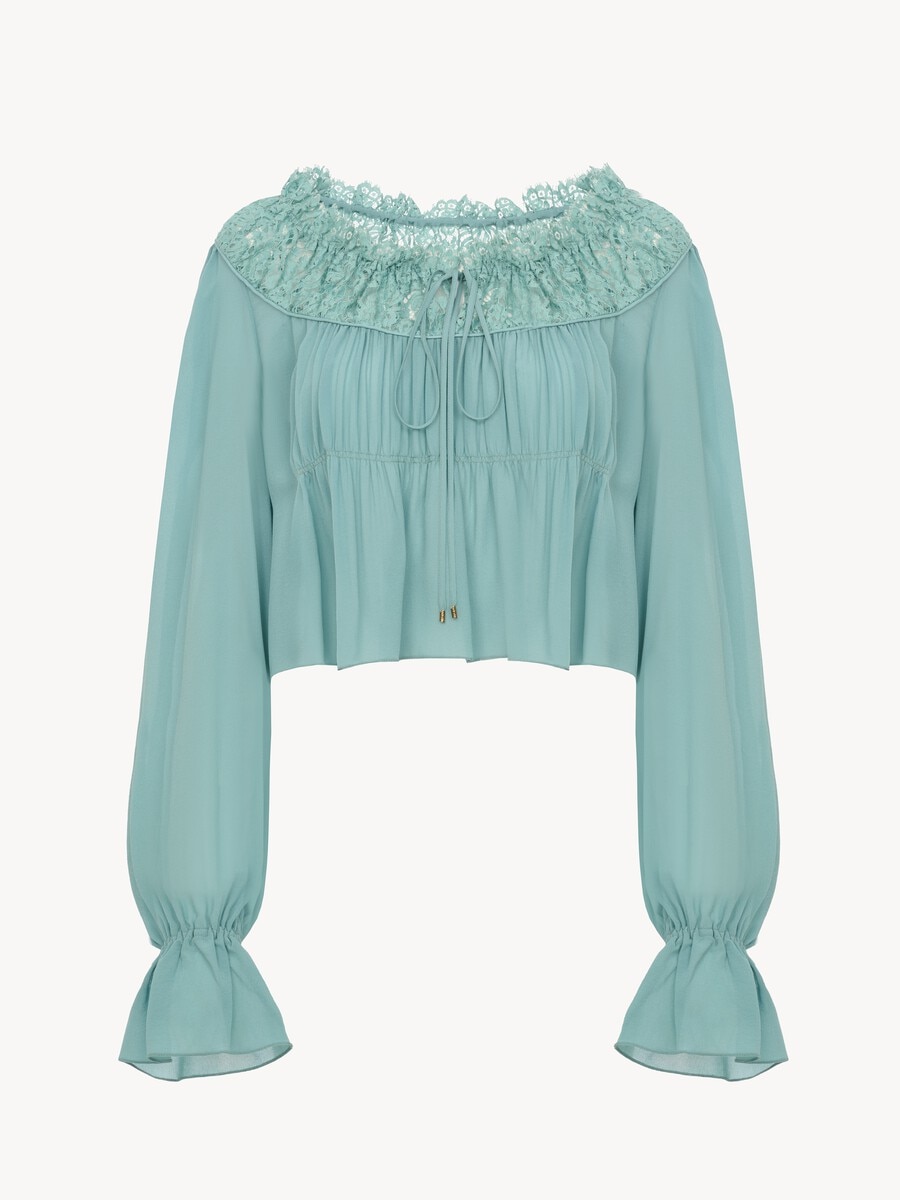 Top cropped de cuello redondo de georgette de seda y encaje - 2