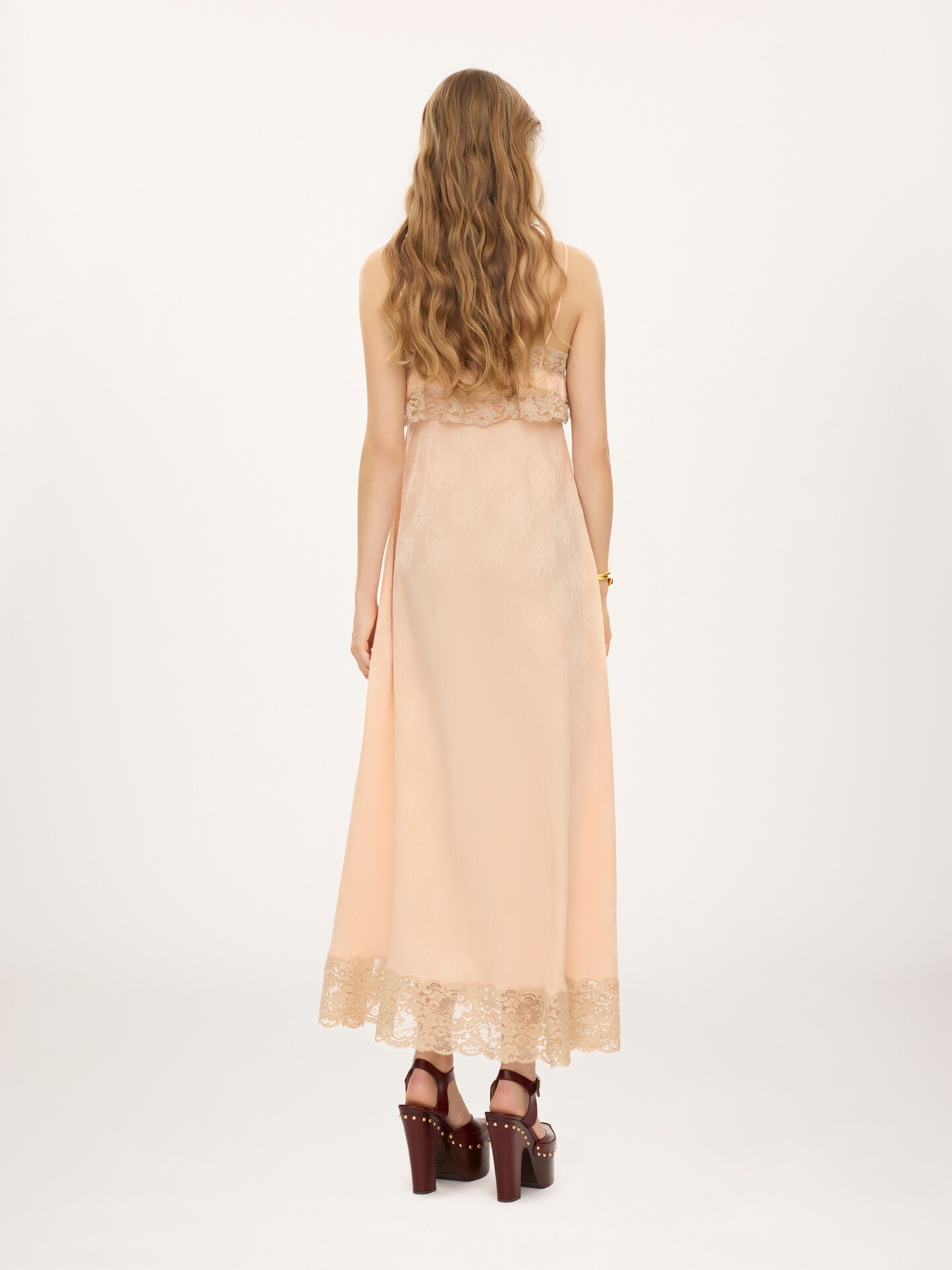 Thin-strap long dress in silk jacquard & lace - 4.0