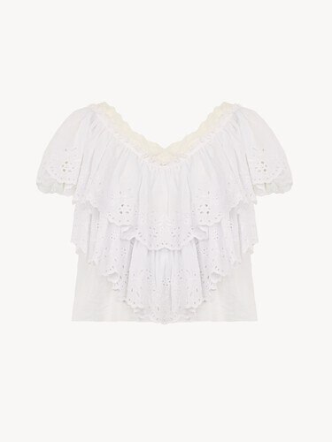 Cropped V-neck ruffle top in cotton voile & lace - 2