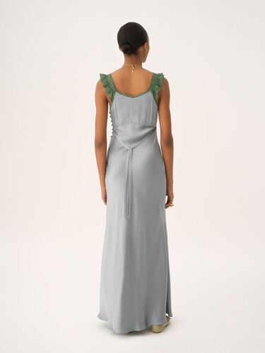Sleeveless column dress in washed silk satin & lace - 6