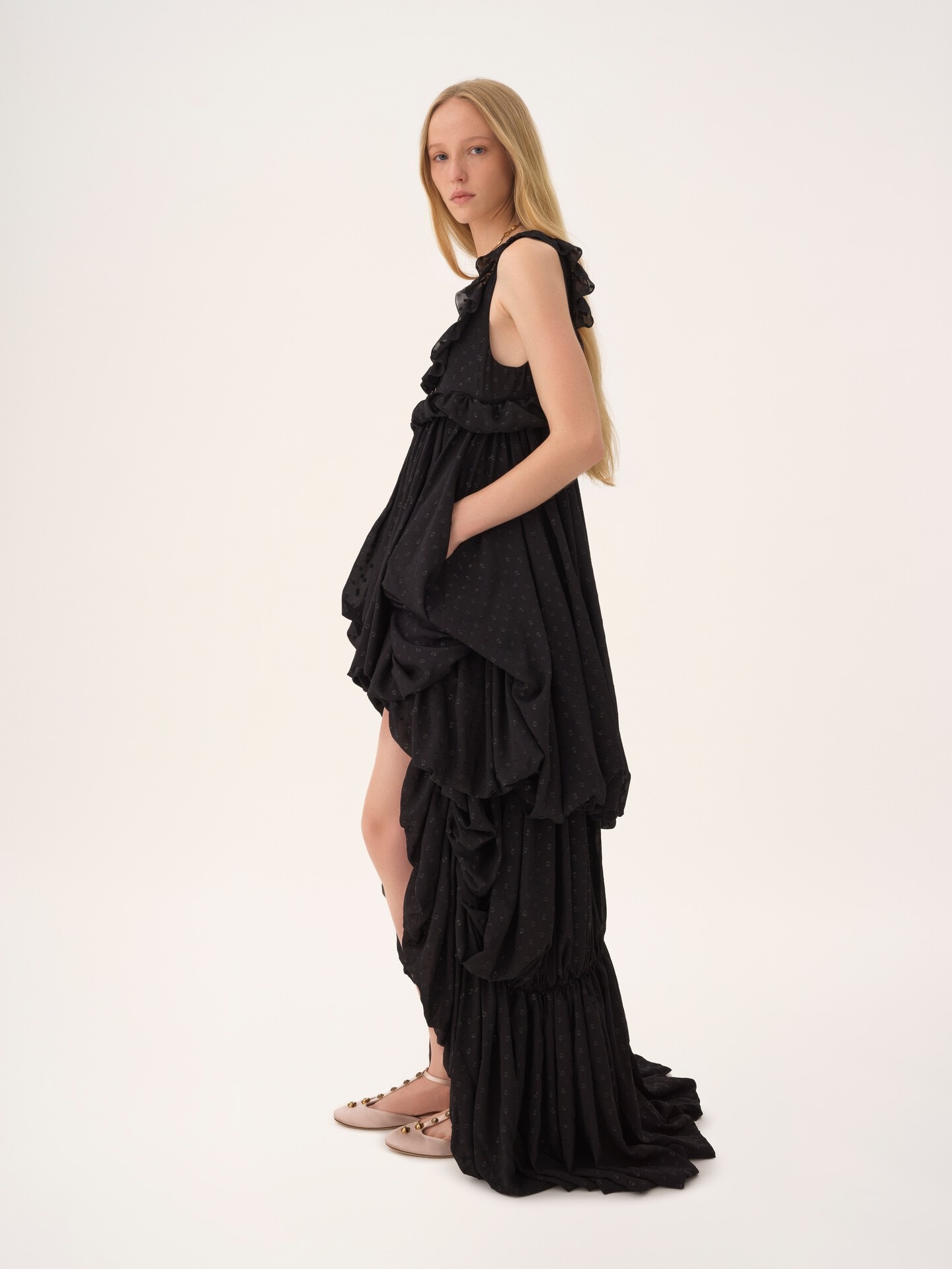 High-low sleeveless dress in silk georgette jacquard & lurex - 4.0